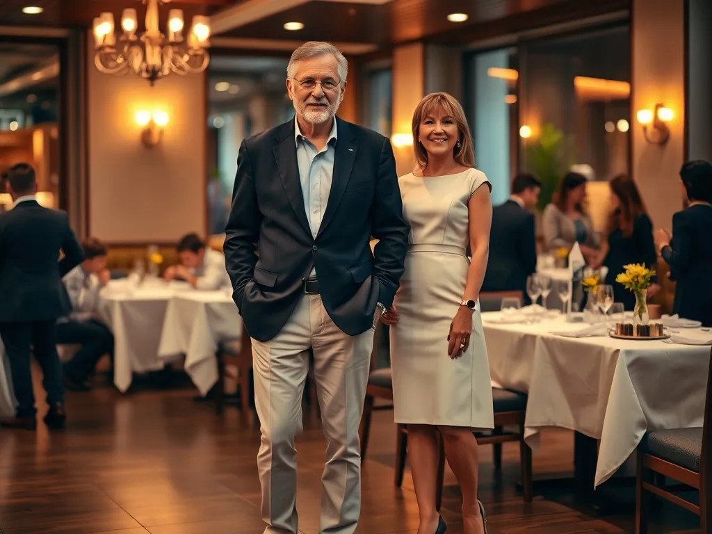 Stylowa para w eleganckich, półformalnych stylizacjach na 60. urodziny w przytulnym, nowoczesnym lokalu restauracyjnym.