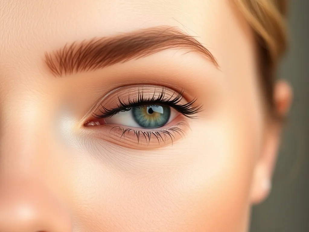 Zbliżenie oka z delikatnym makijażem powiększającym: jasna powieka, podkreślona kreska, rozświetlony kącik i uniesione rzęsy.