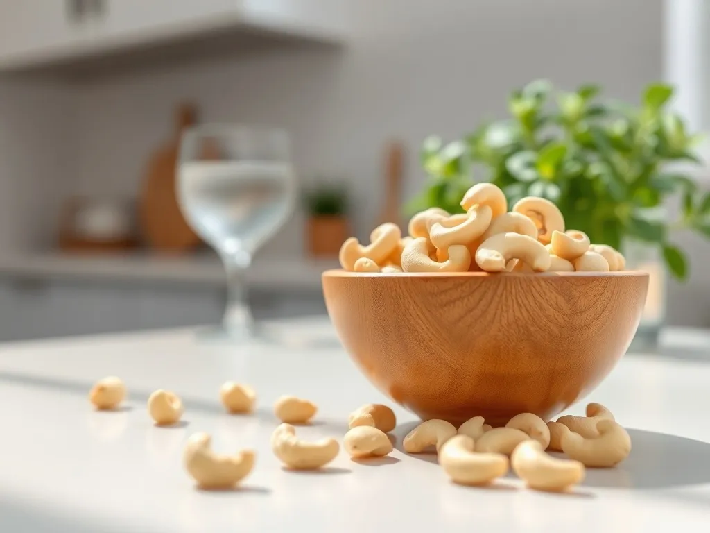 Miseczka świeżych orzechów nerkowca na jasnym blacie kuchennym, w tle woda i zieleń, klimat zdrowego stylu życia.