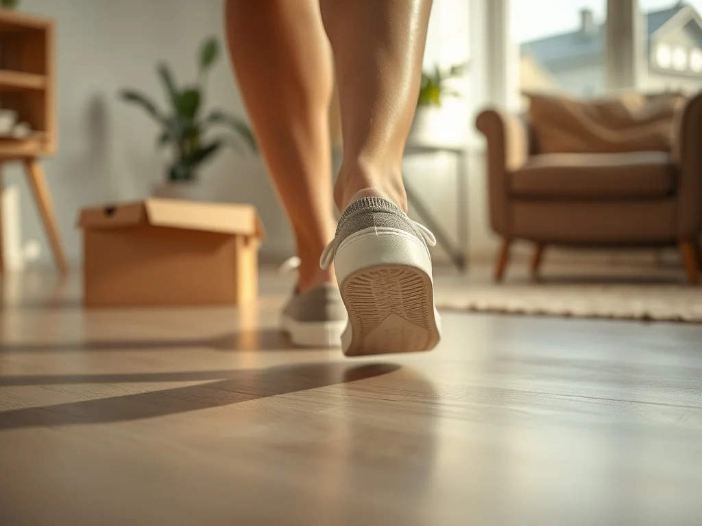 Nowe, casualowe buty na stopach w miękkich skarpetkach, spokojny spacer po domu, w tle pudełko i przytulny salon