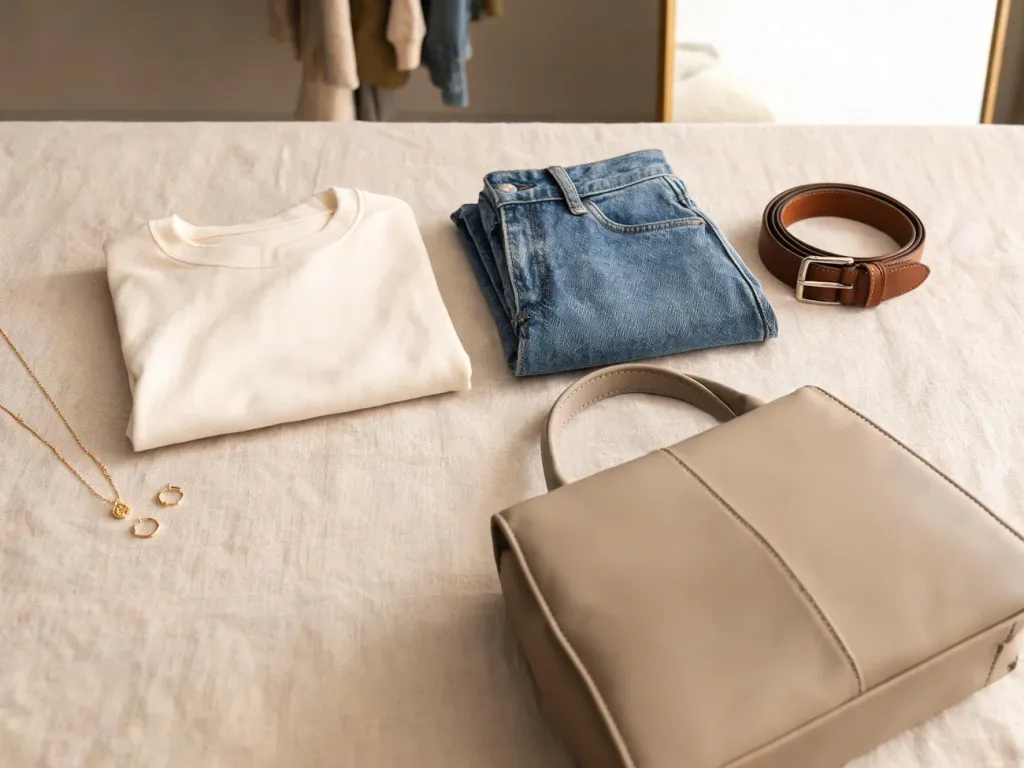 Tania, minimalistyczna stylizacja z jeansami, T‑shirten, paskiem i biżuterią ułożona tak, by wyglądała elegancko i drożej.