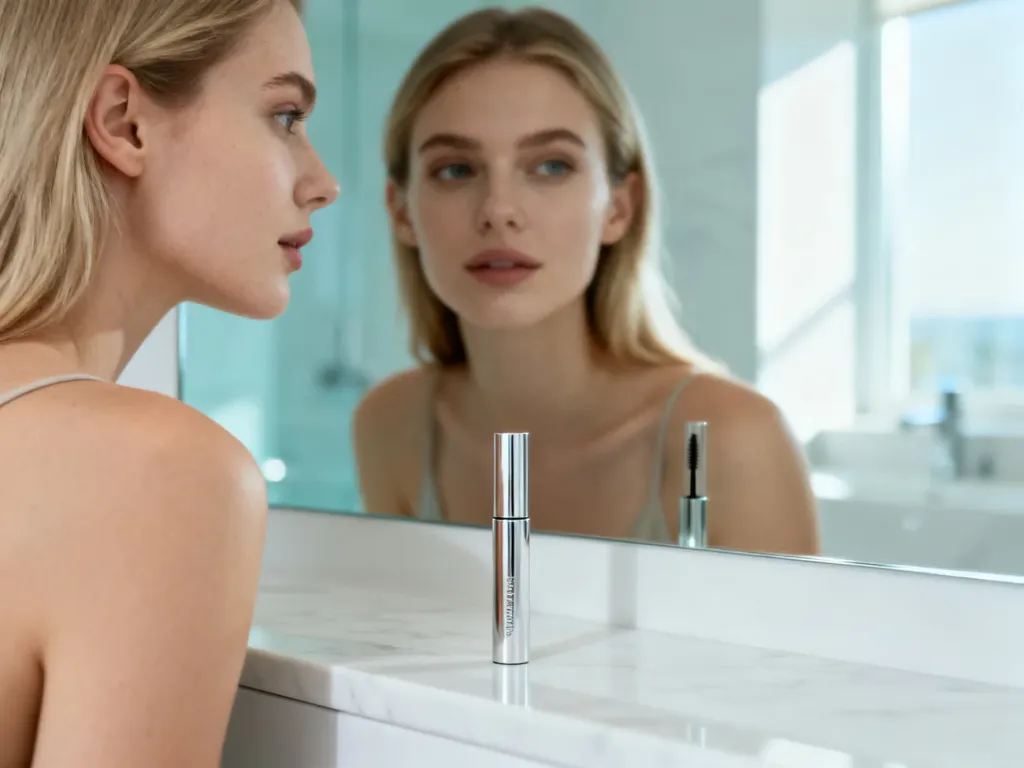 Kobieta przeglądająca się w lustrze obok eleganckiego opakowania serum do rzęs na marmurowym blacie w jasnej łazience.