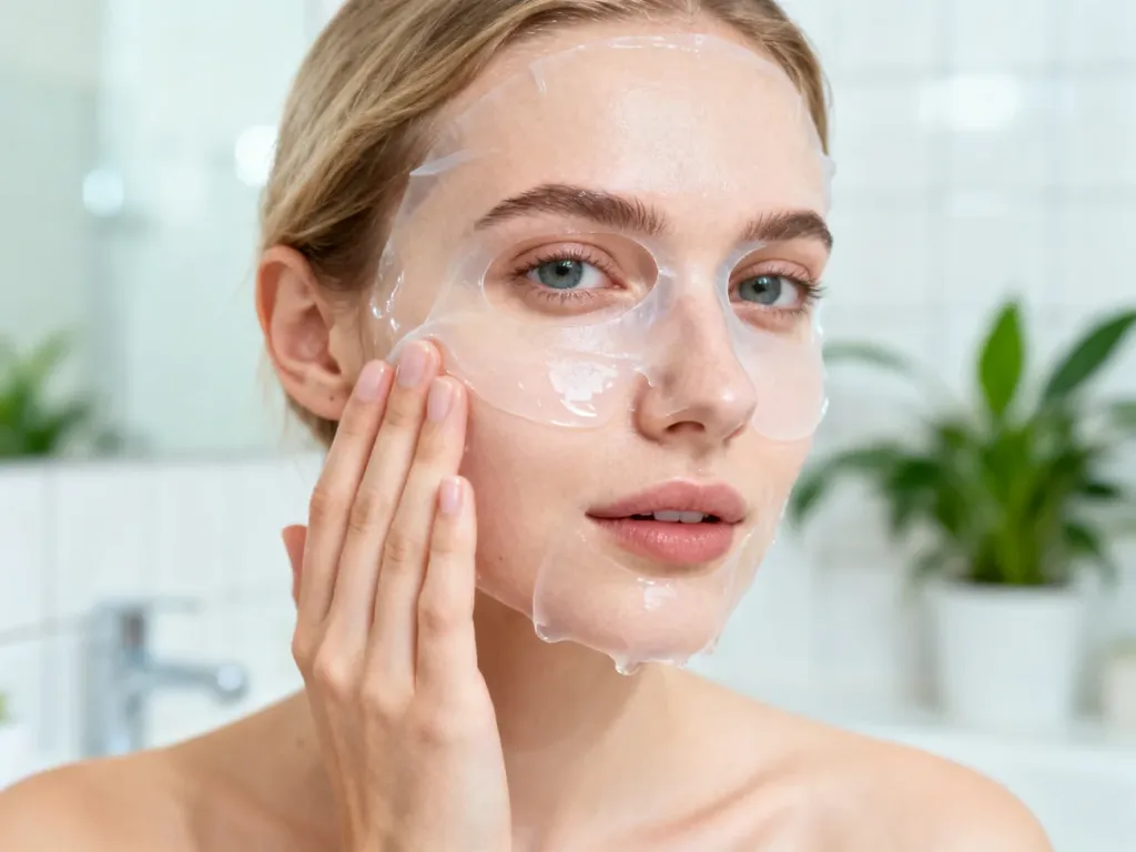Kobieta nakłada delikatny żelowy peeling na twarz w jasnej, nowoczesnej łazience.