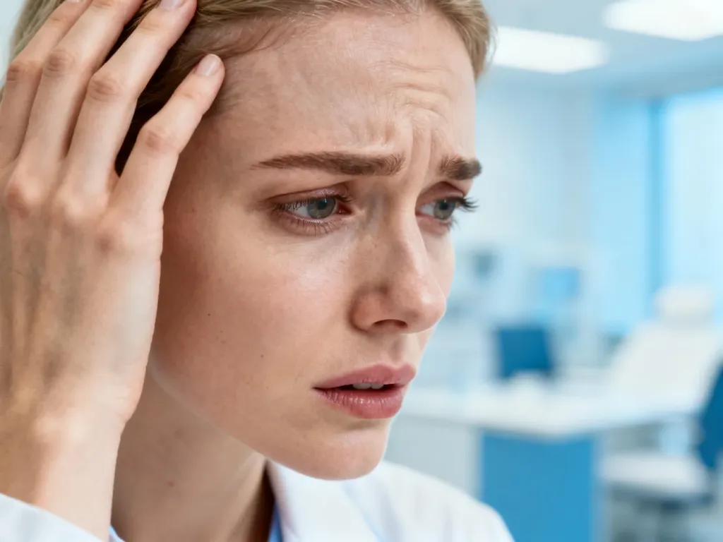 Kobieta z zatroskanym wyrazem twarzy dotyka skóry głowy, co sugeruje problem dermatologiczny wymagający konsultacji.