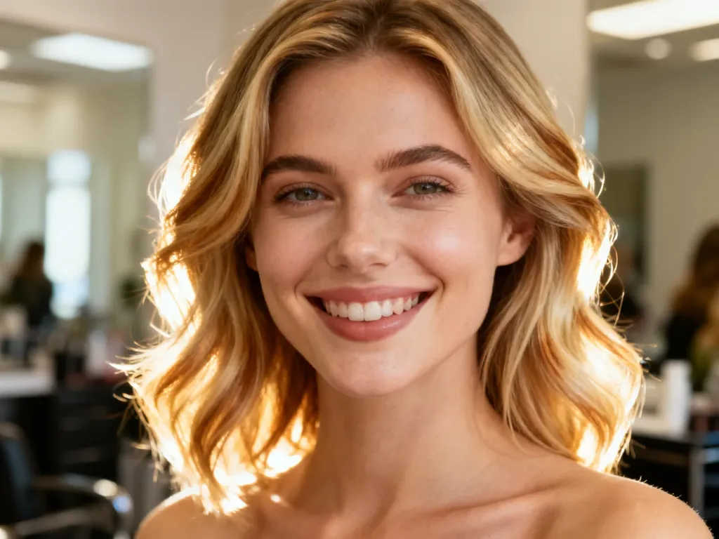 Uśmiechnięta kobieta z naturalnymi, słonecznymi refleksami na blond włosach w profesjonalnym salonie fryzjerskim.