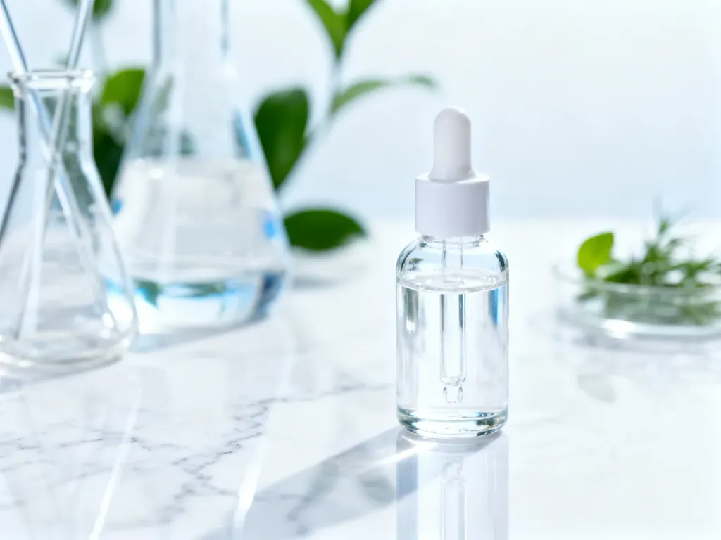 Szklana buteleczka z serum na marmurowym blacie w sterylnym, laboratoryjnym otoczeniu podkreślająca czystość składników.