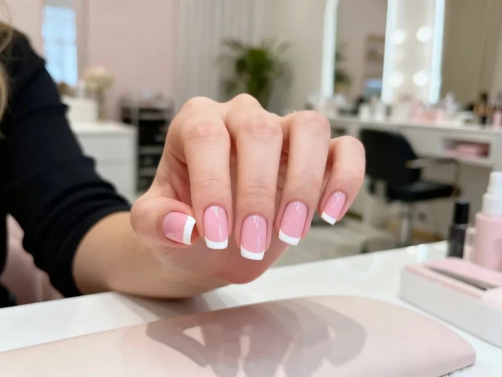 Dłoń z idealnie wykonanym manicure francuskim o wyraźnych białych końcówkach i jasnoróżowej płytce paznokcia.