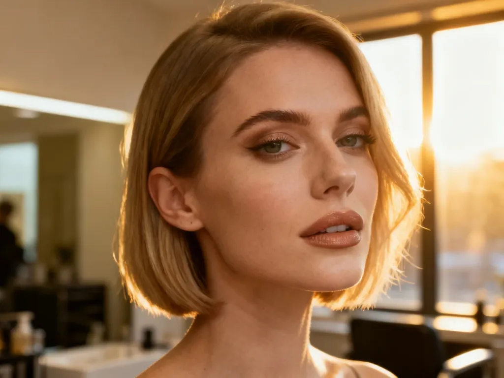 Kobieta z elegancką, krótką fryzurą w słonecznym salonie fryzjerskim, prezentująca stylowe cięcie w minimalistycznym wydaniu.