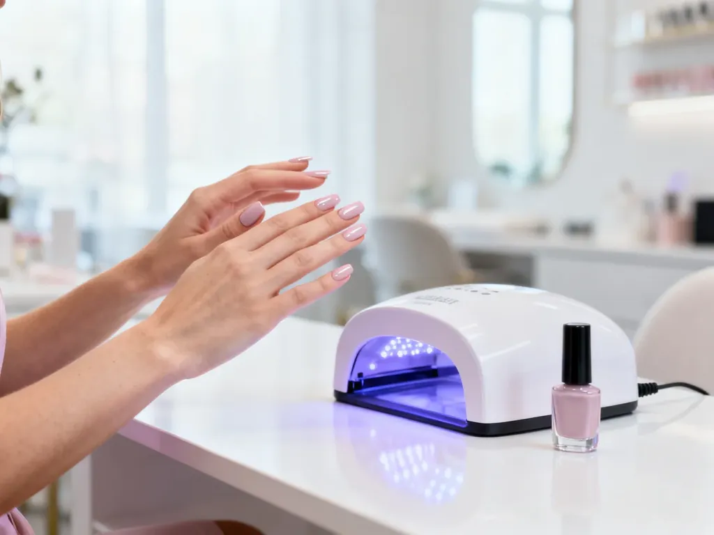 Zadbane dłonie z pastelowym manicure hybrydowym obok lampy LED i lakieru na białym biurku w salonie kosmetycznym.