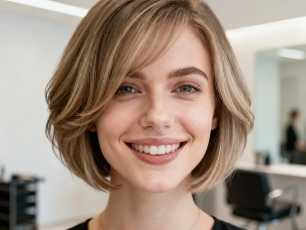Uśmiechnięta kobieta z modnym, cieniowanym cięciem, które optycznie wyszczupla i modeluje rysy twarzy.