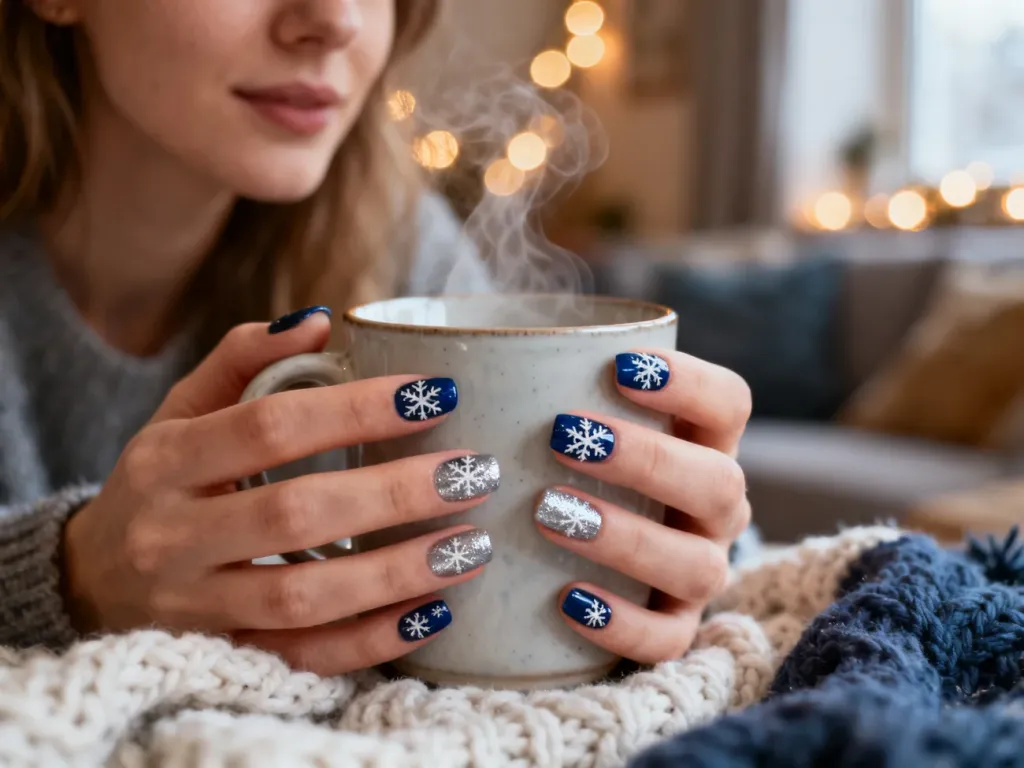 Zadbane dłonie z zimowym manicure w odcieniach granatu i srebra, trzymające parujący kubek w przytulnym wnętrzu.