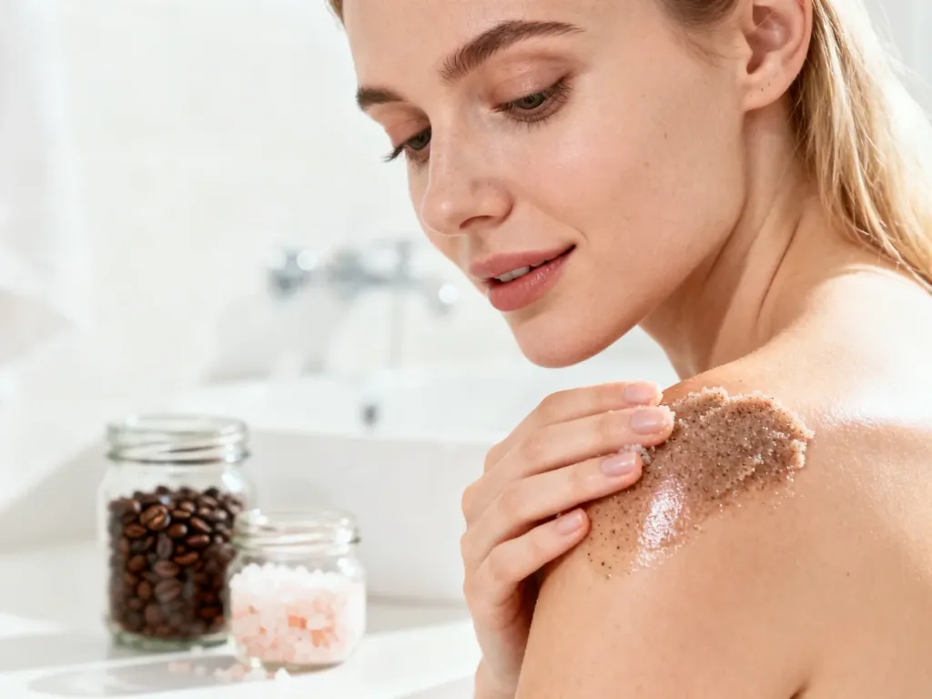 Kobieta nakłada naturalny peeling cukrowy na ramię w jasnej łazience, podkreślając domową pielęgnację ciała.