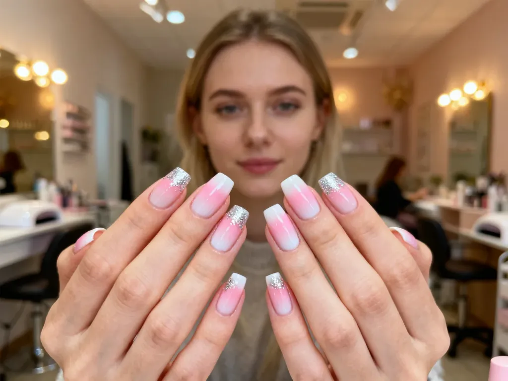 Elegancki manicure typu baby boomer z delikatnym srebrnym brokatem na końcówkach paznokci w profesjonalnym salonie.
