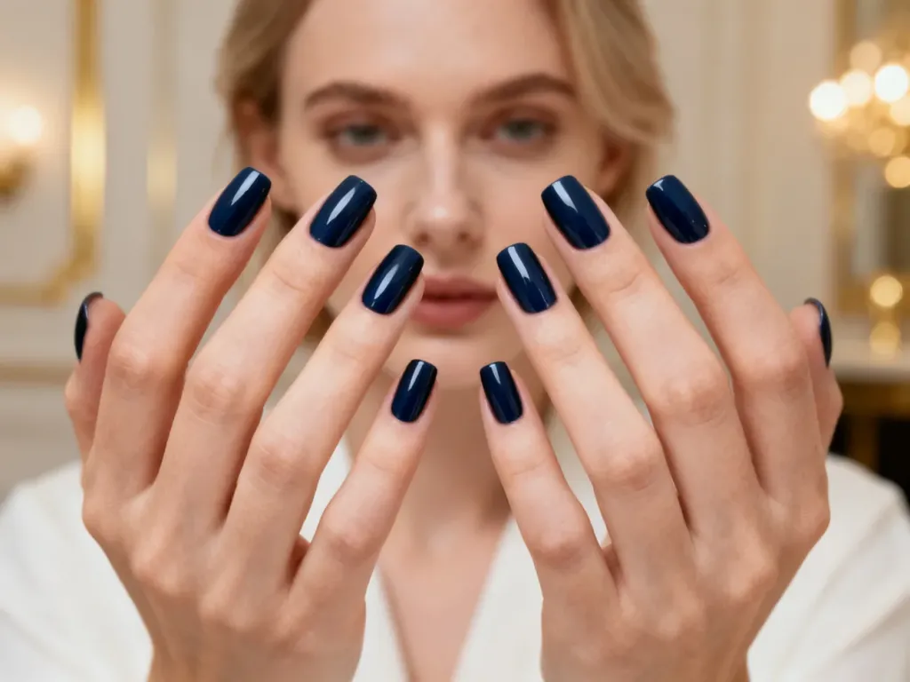 Eleganckie dłonie z perfekcyjnym manicure w kolorze głębokiego granatu na tle minimalistycznego, luksusowego wnętrza.