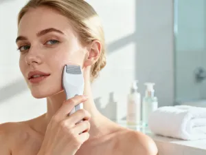 Elegancki manicure typu baby boomer z delikatnym srebrnym brokatem na końcówkach paznokci w profesjonalnym salonie.