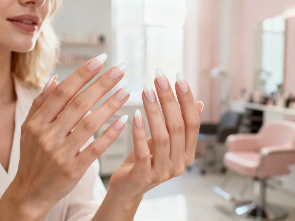 Dłonie z eleganckim manicure typu soft french w mlecznym odcieniu i kształcie migdałków na tle salonu kosmetycznego.