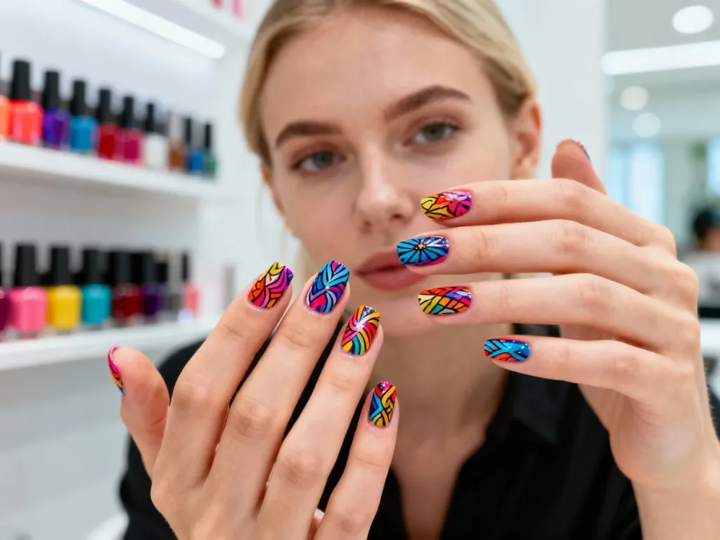 Zadbane dłonie z wielobarwnym, wzorzystym manicure w nowoczesnym salonie kosmetycznym.