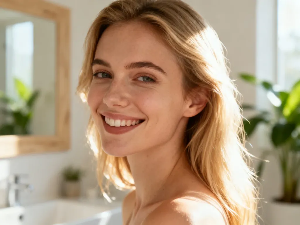 Uśmiechnięta kobieta z długimi, naturalnymi blond włosami lśniącymi w promieniach słońca.