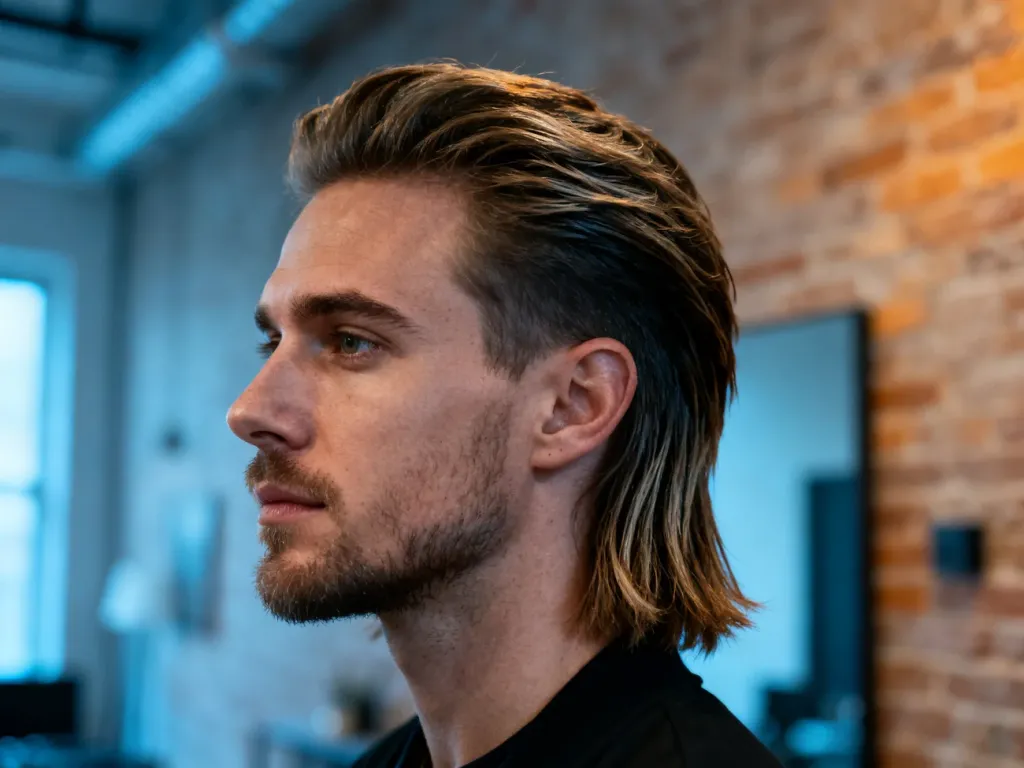 Mężczyzna z nowoczesną fryzurą typu mullet w industrialnym wnętrzu, prezentujący stylizację włosów z wyraźnym cieniowaniem.