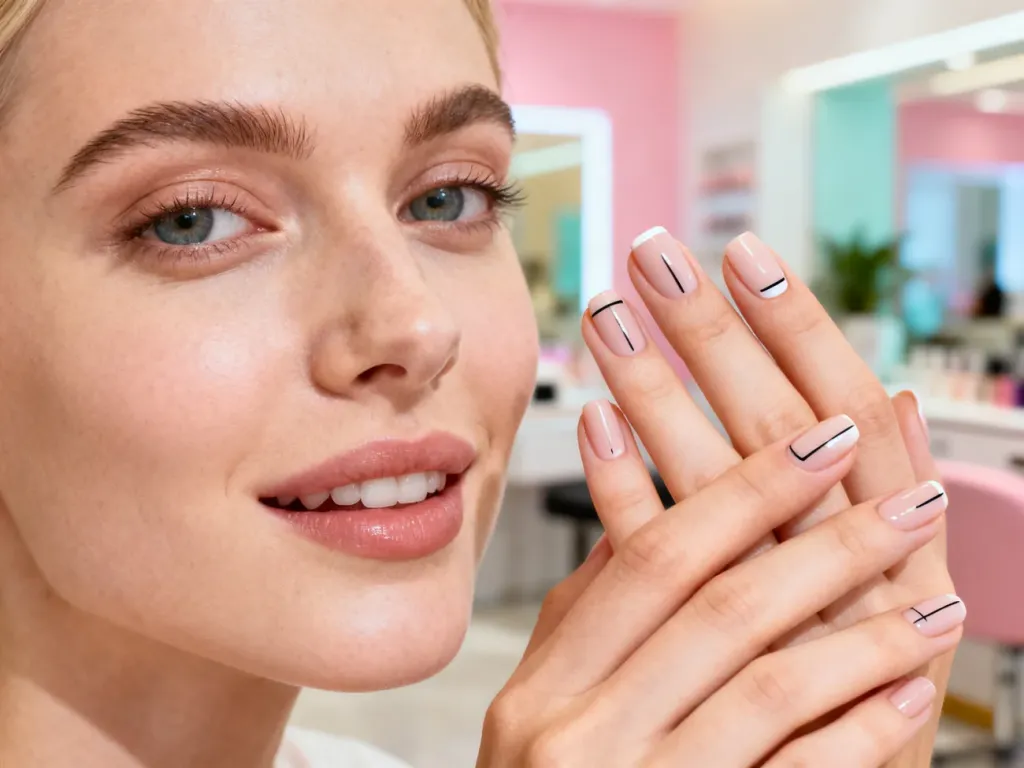 Dłonie kobiety z eleganckim, minimalistycznym manicure na tle nowoczesnego salonu kosmetycznego.