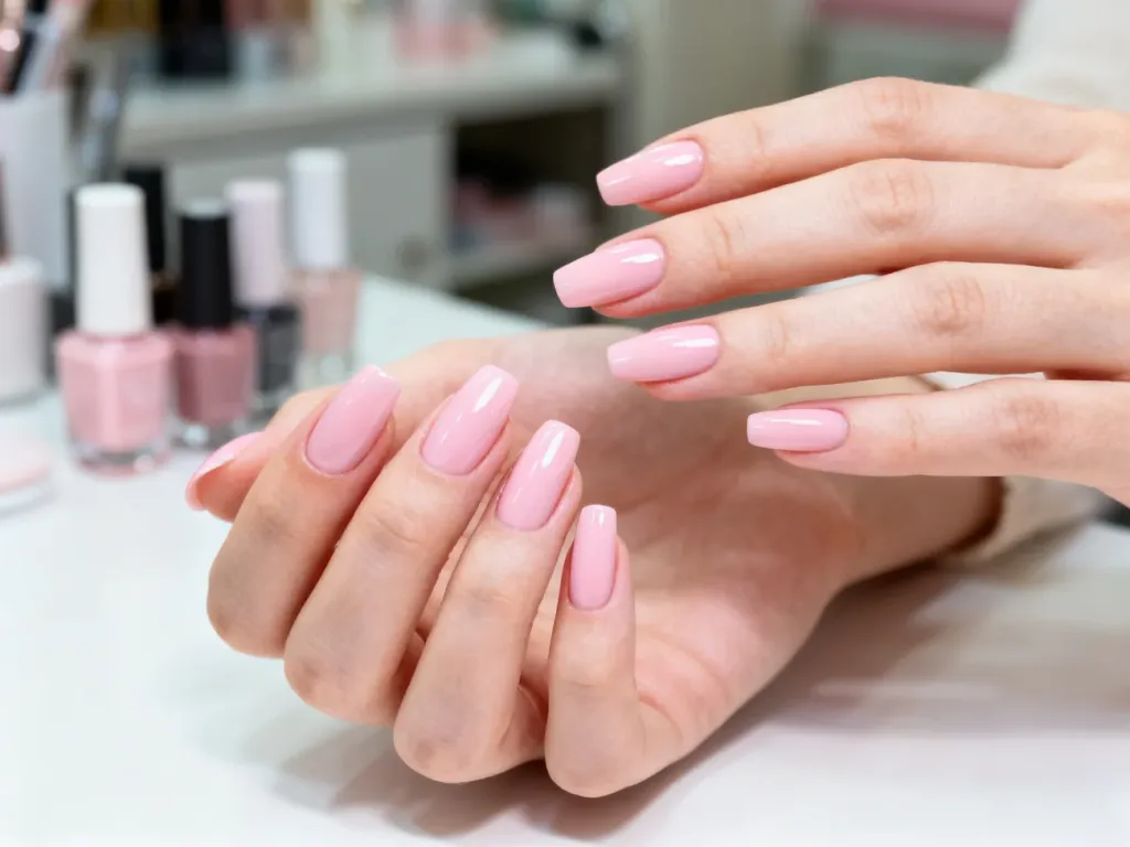 Zadbane dłonie z profesjonalnie wykonanym manicure akrylowym w odcieniu pudrowego różu w eleganckiej pozie.