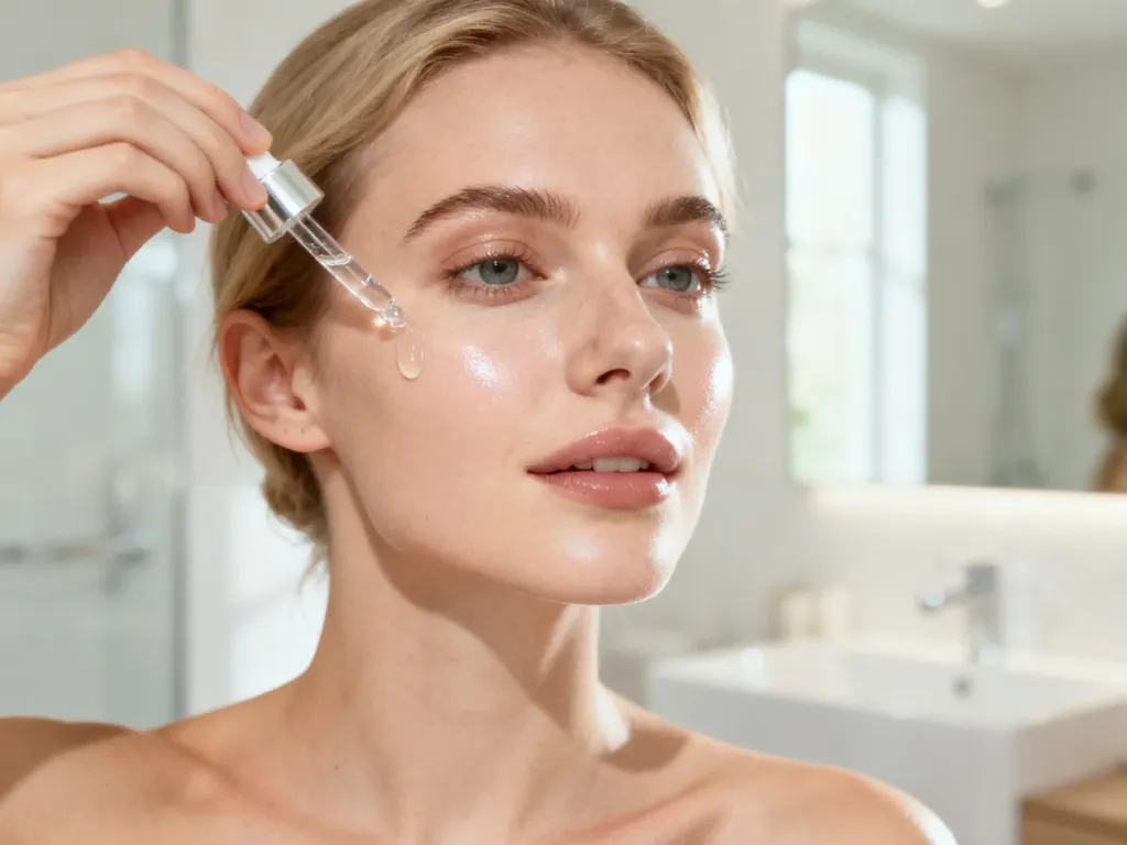Kobieta nakładająca serum na twarz w jasnej, minimalistycznej łazience, prezentująca zdrową i promienną cerę.