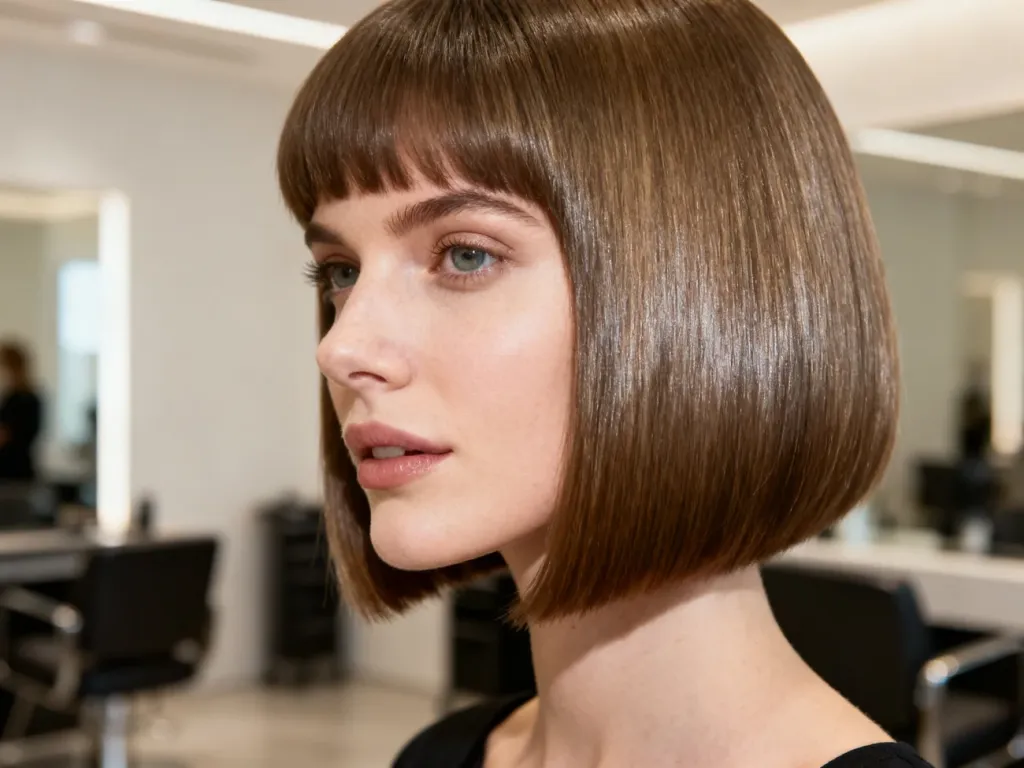 Elegancka kobieta z idealnie wygładzoną fryzurą typu bob w profesjonalnym salonie fryzjerskim.