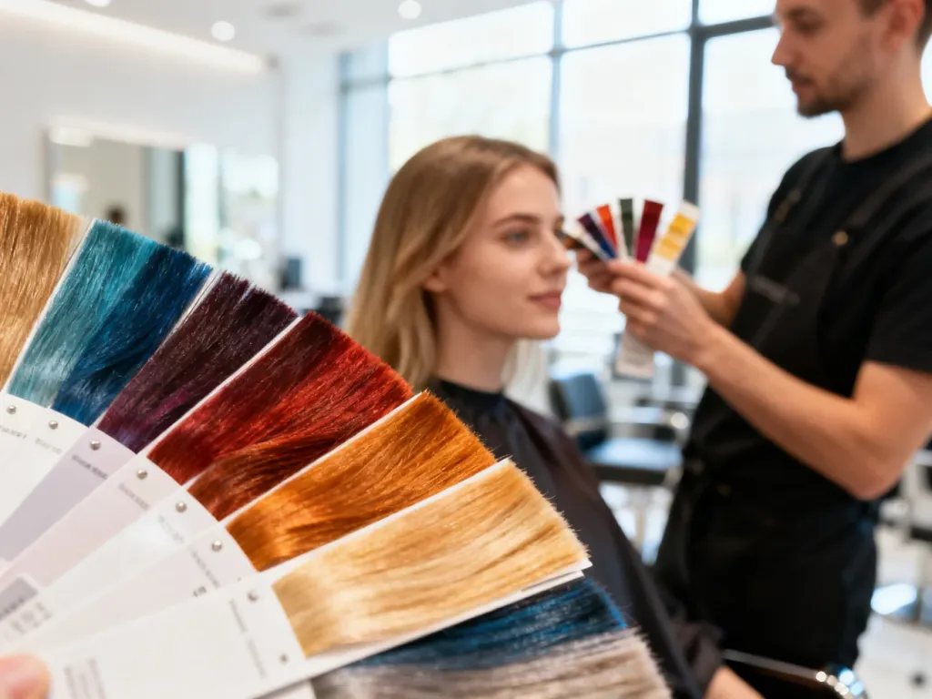 Stylista prezentujący próbki kolorów włosów kobiecie, pomagający w doborze idealnego odcienia w profesjonalnym salonie.
