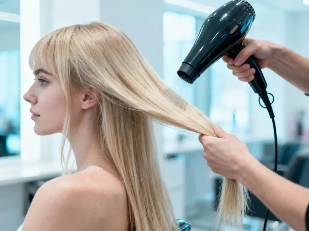 Fryzjer używa suszarki do wydmuchiwania pasm włosów w technice koloryzacji Air Touch w nowoczesnym salonie.