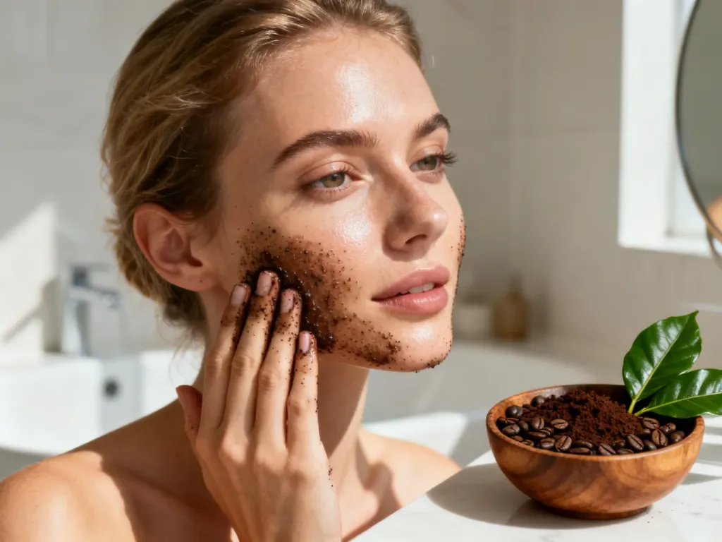 Kobieta nakłada naturalny peeling kawowy na skórę w jasnej łazience, obok miseczka z ziarnami kawy.