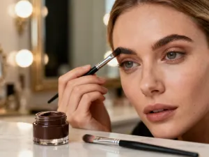 Stylowa kobieta z modną fryzurą typu pixie przegląda się w lustrze w nowoczesnym salonie fryzjerskim.