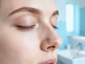 Kobieta przeglądająca się w lustrze obok eleganckiego opakowania serum do rzęs na marmurowym blacie w jasnej łazience.