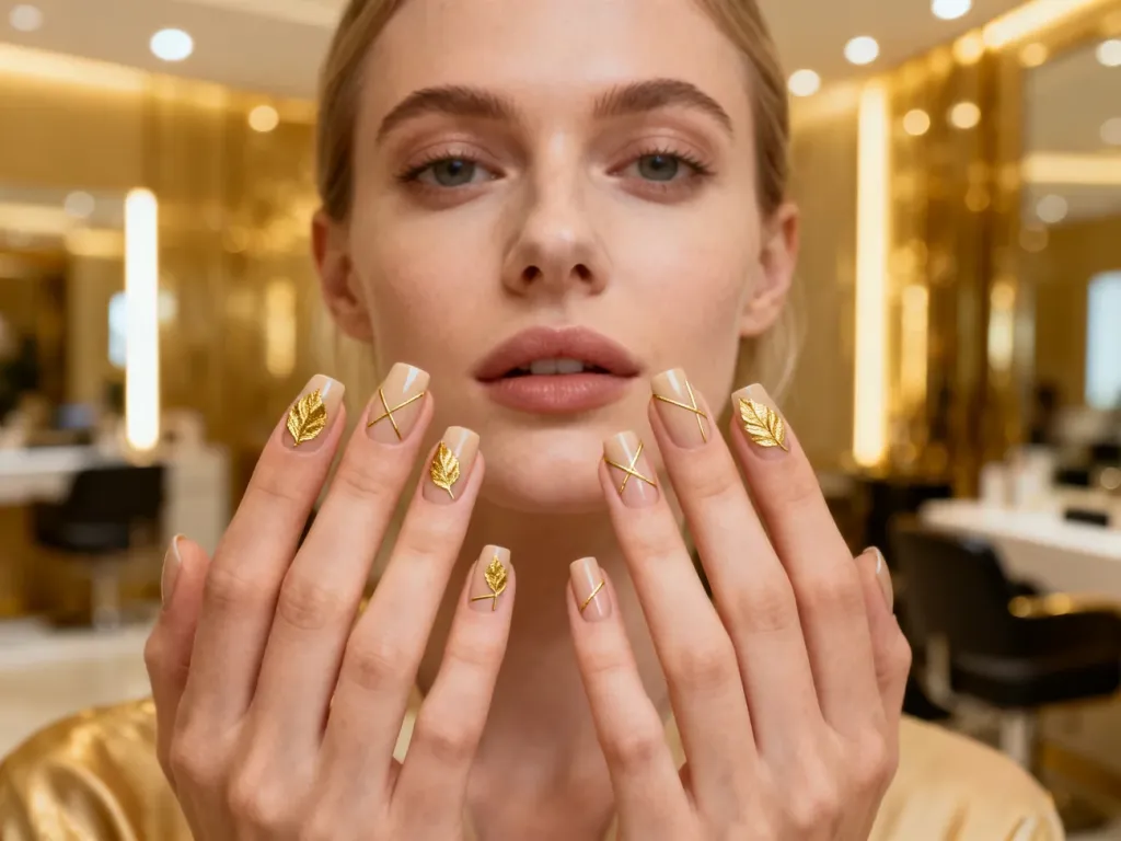 Zadbane dłonie z eleganckim manicure ozdobionym delikatnymi złotymi akcentami i minimalistycznymi liniami.