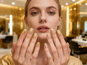 Zadbane dłonie z profesjonalnie wykonanym manicure akrylowym w odcieniu pudrowego różu w eleganckiej pozie.