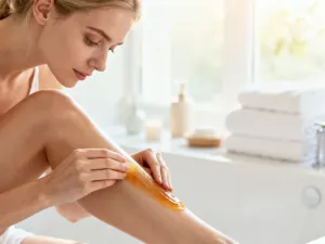 Dłonie z eleganckim manicure w kolorze mlecznej bieli na tle minimalistycznego wnętrza spa.