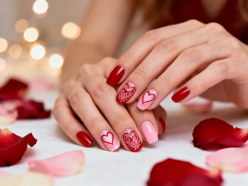 Dłonie z eleganckim manicure w serduszka, utrzymanym w odcieniach czerwieni i różu, na tle płatków róż i romantycznych świateł.
