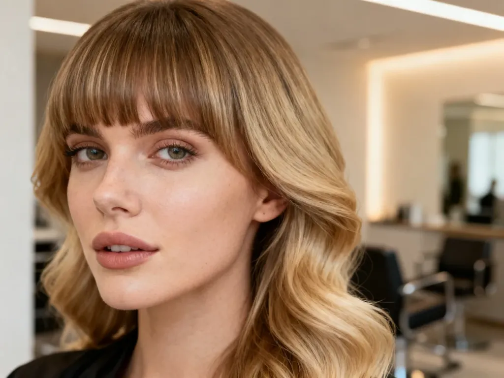 Kobieta z modną fryzurą typu curtain bangs, która subtelnie okala jej twarz, prezentując stylowe cięcie w salonie fryzjerskim.