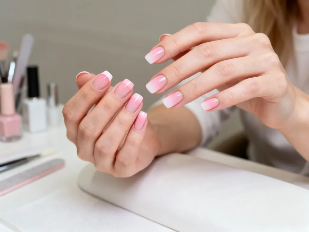 Dłonie z eleganckim manicure typu ombre french w odcieniach różu i bieli na rozmytym, minimalistycznym tle.