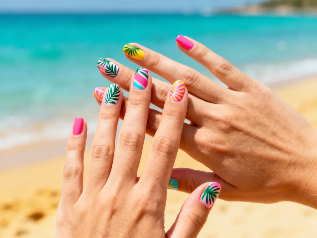 Dłonie z wakacyjnym manicure w pastelowych kolorach i tropikalne wzory na tle słonecznej plaży.