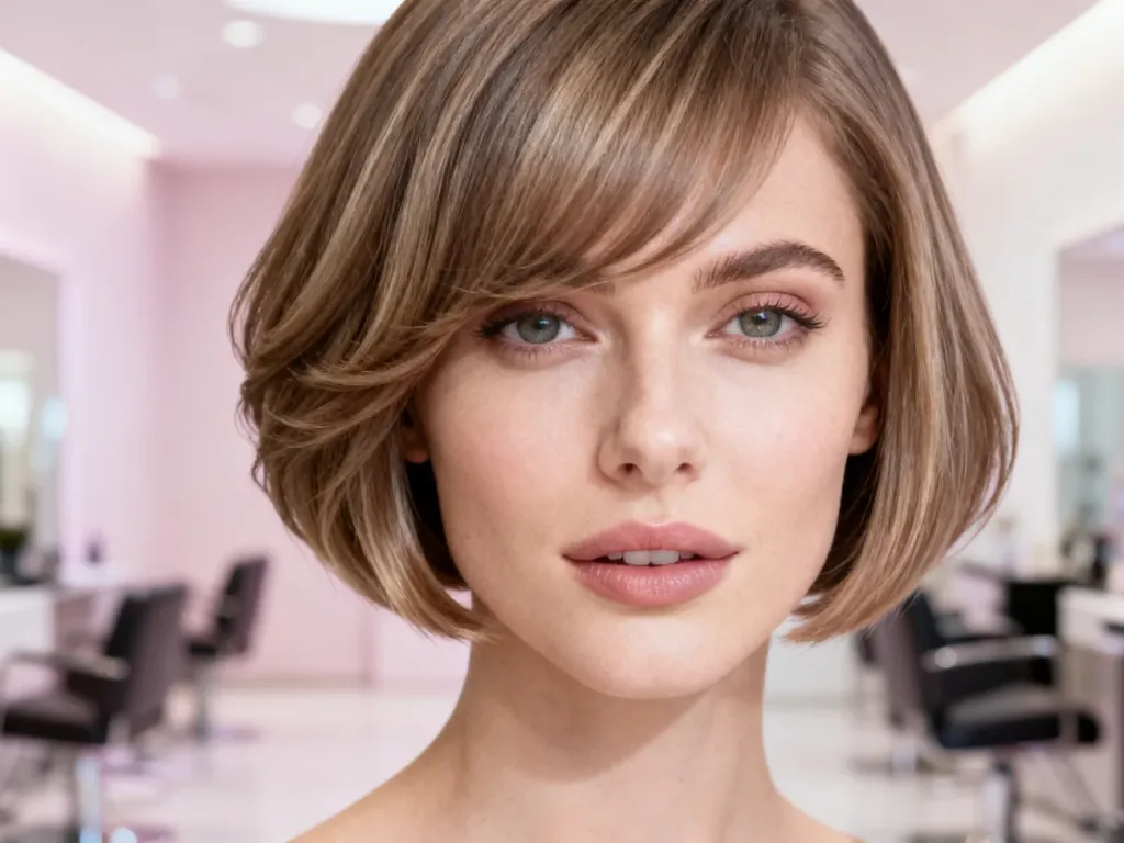 Kobieta z modnym, cieniowanym cięciem, które optycznie wyszczupla i modeluje okrągłą twarz.