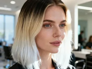 Kobieta z modną fryzurą typu curtain bangs, która subtelnie okala jej twarz, prezentując stylowe cięcie w salonie fryzjerskim.