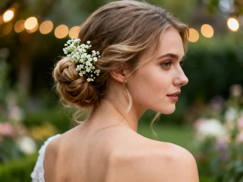 Eleganckie, luźne upięcie ślubne z wpiętymi drobnymi kwiatami gipsówki, widoczne od tyłu w romantycznej scenerii ogrodu.