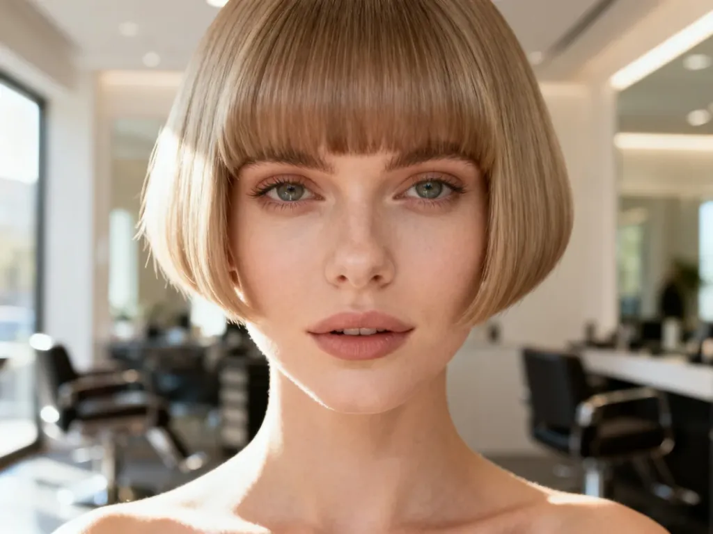 Kobieta z modnie wystylizowaną grzywką typu curtain bangs, która delikatnie okala jej twarz w salonie fryzjerskim.