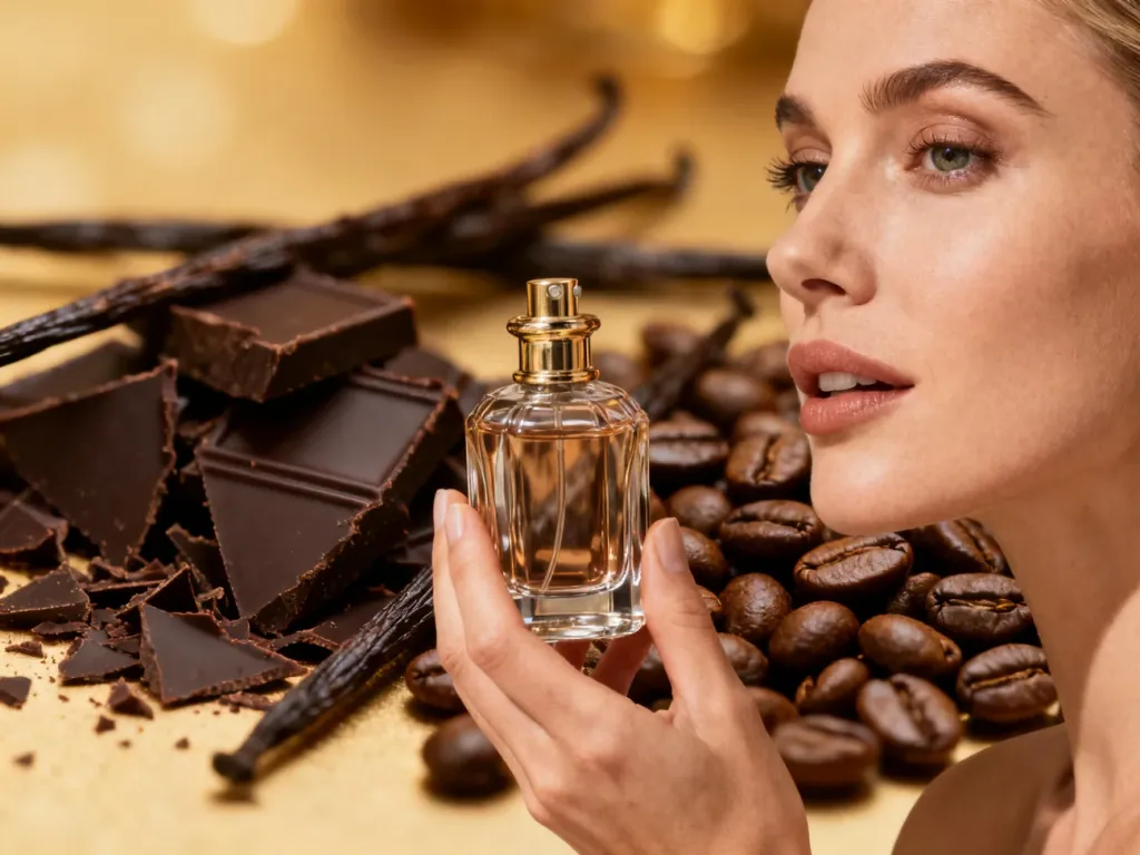 Kobieta trzymająca flakon perfum w otoczeniu ziaren kawy, wanilii i czekolady, ilustrująca nuty zapachowe typu gourmand.