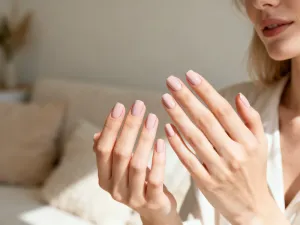 Kobieta delikatnie nakłada naturalny peeling na policzek w jasnej, relaksującej łazience.