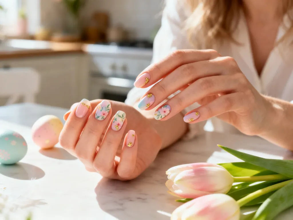 Dłonie z eleganckim, wielkanocnym manicure w pastelowe kwiaty i złote akcenty, na tle pisanek oraz tulipanów.