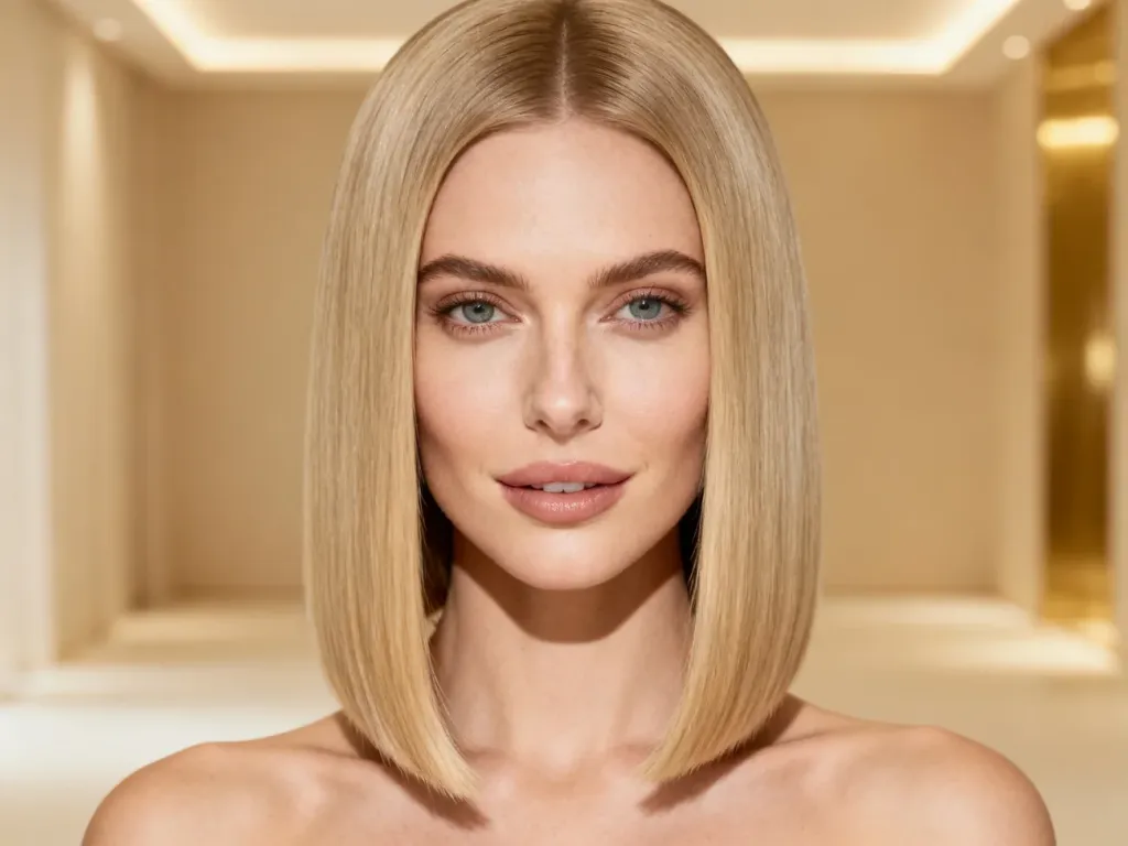 Kobieta z idealnie wygładzoną fryzurą typu long bob, prezentująca elegancki i nowoczesny styl uczesania.