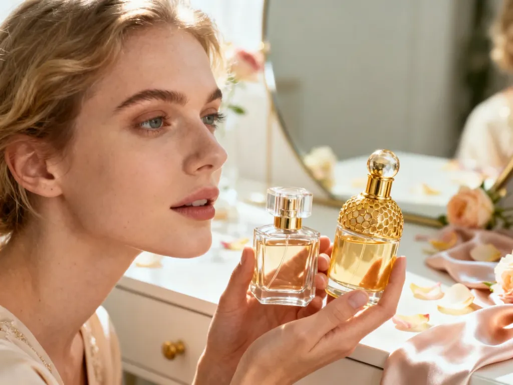 Elegancka kobieta trzymająca dwa flakony perfum na tle minimalistycznej toaletki. Ilustracja różnic między wodami zapachowymi.