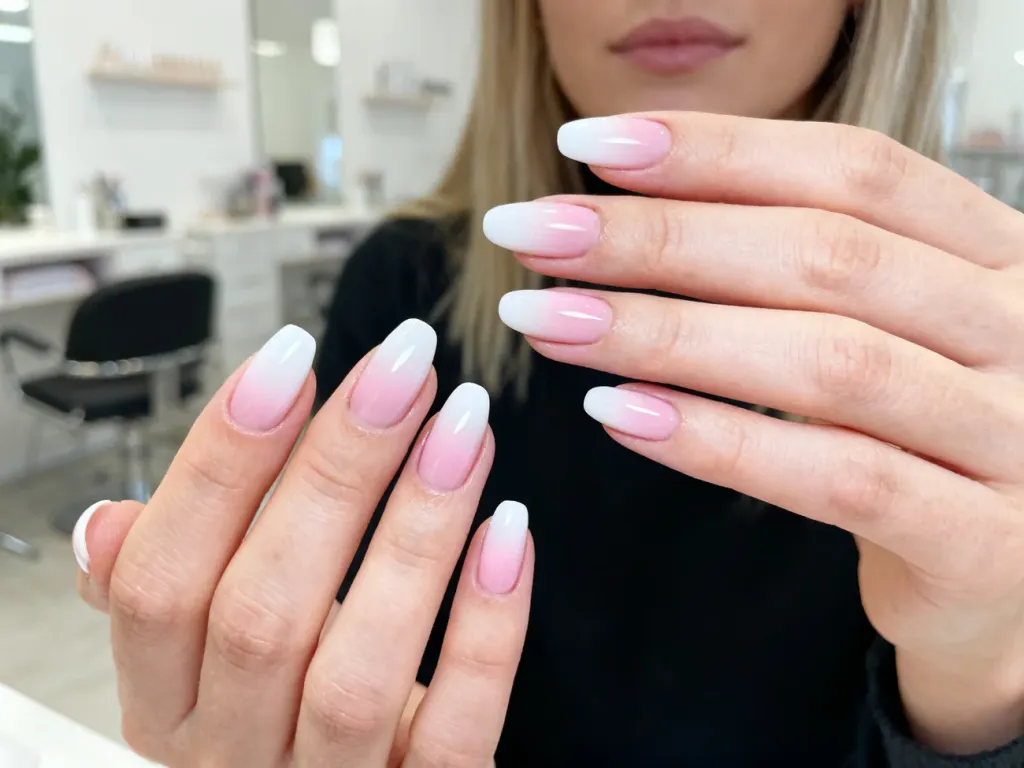 Dłonie z eleganckim manicure ombre, płynnie przechodzącym z bieli w pastelowy róż w estetycznym wnętrzu salonu kosmetycznego.
