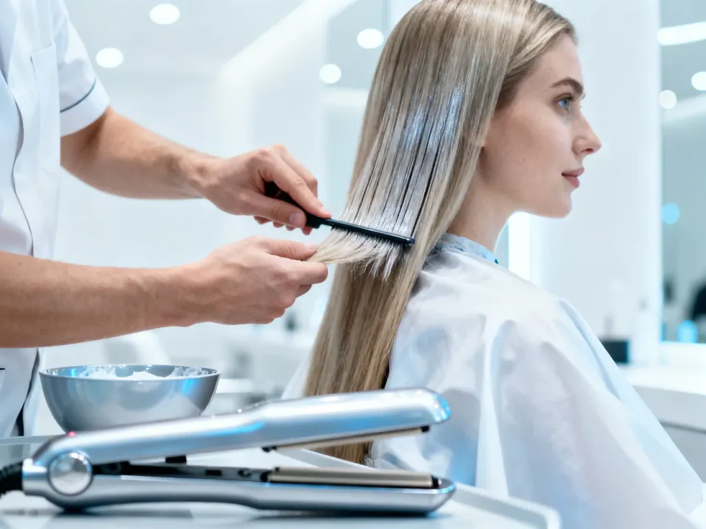Fryzjer nakłada keratynę na włosy klientki w nowoczesnym salonie, obok widoczna jest prostownica i miseczka z preparatem.